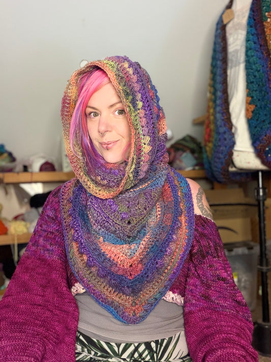 Handmade Crochet Hooded Cowl – Cosy Colourful Scarf & Hood