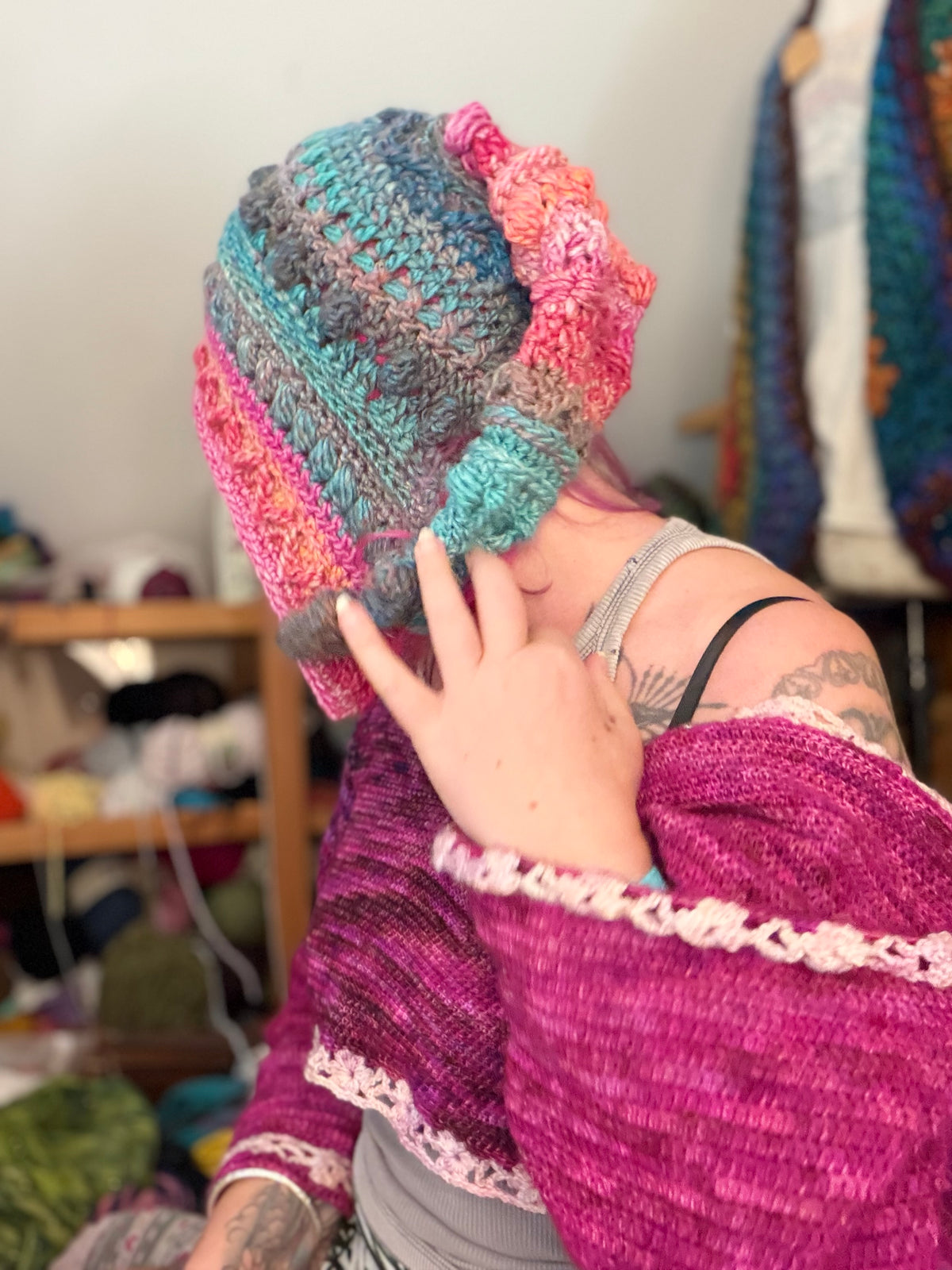 Handmade Crochet Pixie Hood – Cosy Textured Boho Beanie Hat