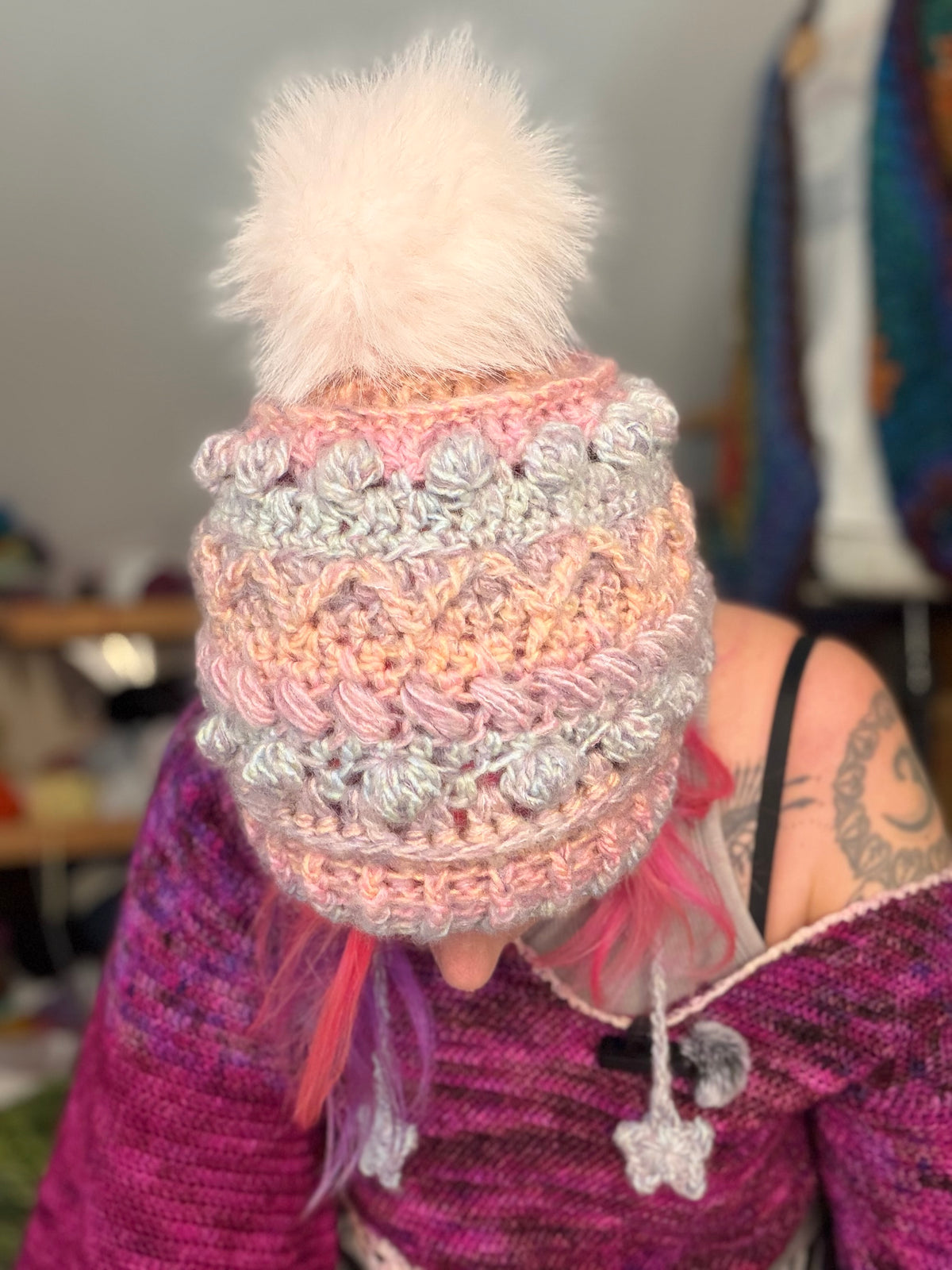 Handmade Crochet Beanie Hat – Cosy Textured Winter Hat with Tassels